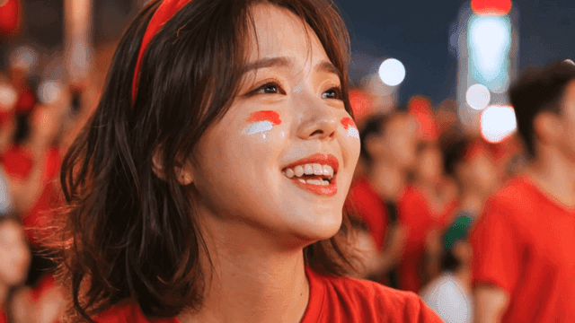 A woman cheering enthusiastically at a sports event