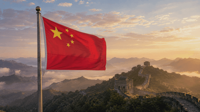 Great Wall of China with Chinese flag fluttering at sunrise