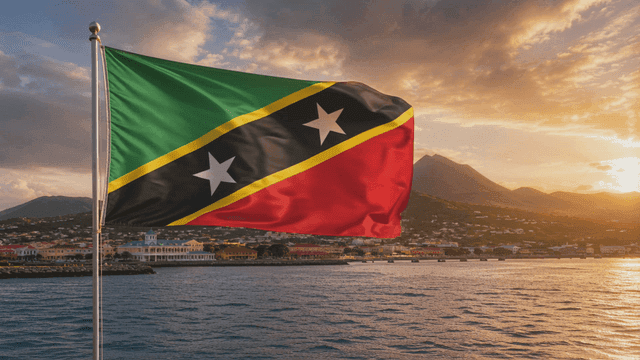 Saint Kitts and Nevis flag fluttering by sea at sunset