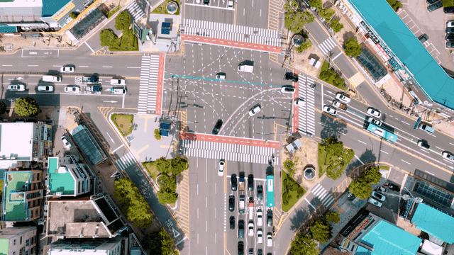 A busy city intersection with traffic