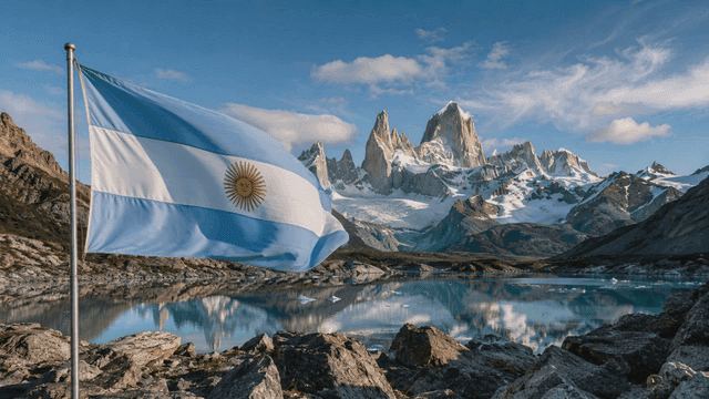 Argentinian flag waving by a mountain lake