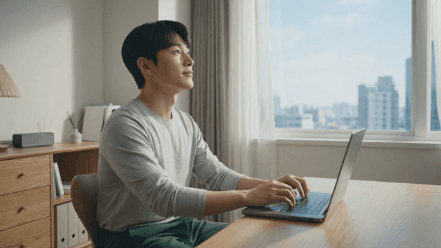 Man typing on laptop by window