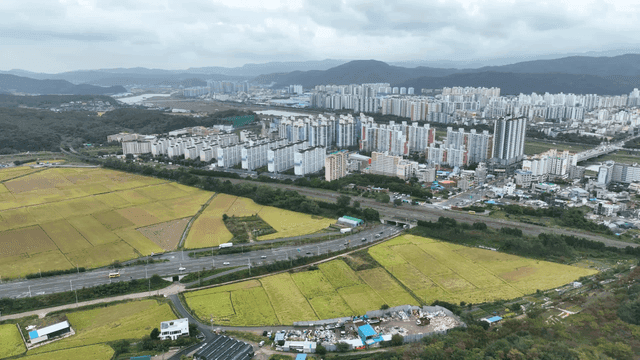 들판과 산이 있는 도시 풍경