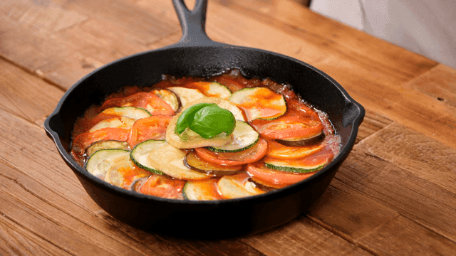 Colorful ratatouille in a cast iron pan