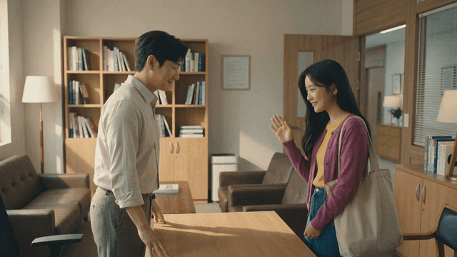 Two people having friendly conversation in office