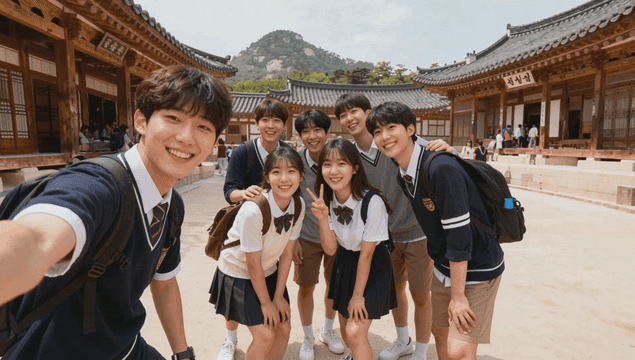 Students taking selfie poses at a traditional Korean site