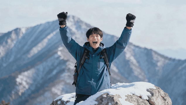 A hiker celebrating on a snowy mountain peak