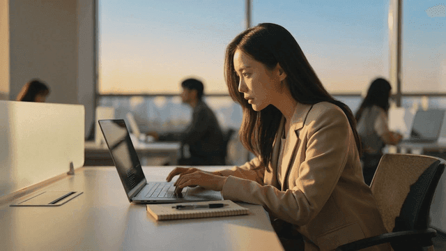 Woman coding on laptop in office