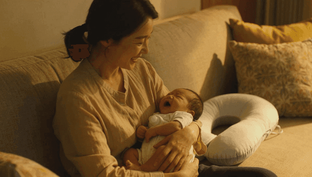 소파에서 갓난 아기를 사랑스럽게 안고 있는 엄마