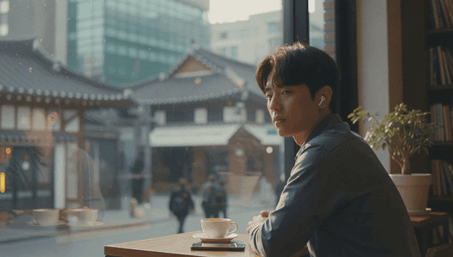 카페 창가에 노래를 들으며 앉아 있는 남자