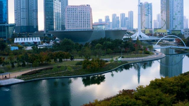 Waterfront Park with Modernly Designed Buildings