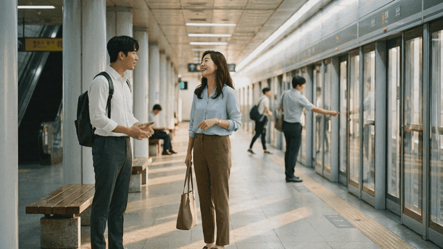 Man and woman working in office talking on subway platform