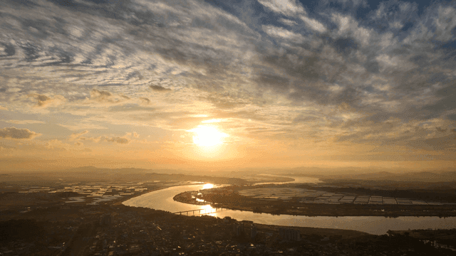 Sunset over a river and cityscape