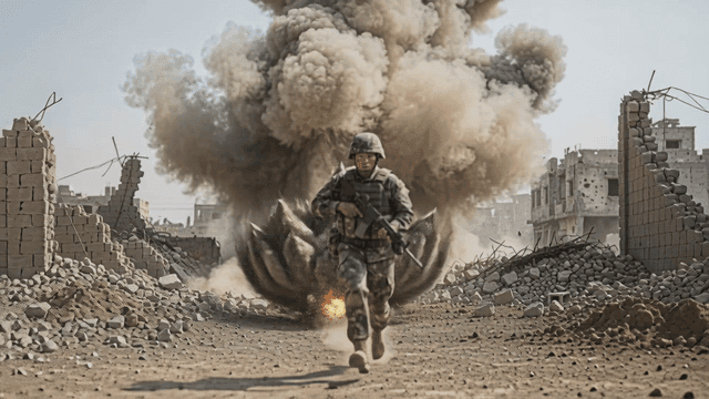 Soldier running on battlefield amidst explosion