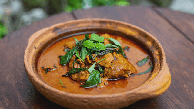 Earthenware pot containing Thai-style red curry