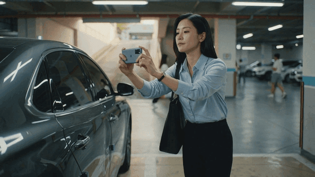 Woman taking photos of damaged car in parking lot