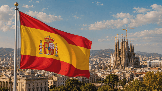 Spanish flag waving with cityscape