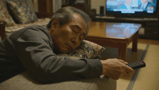 Elderly man sleeping on a couch with TV on