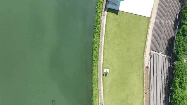 Aerial view of a river and park area