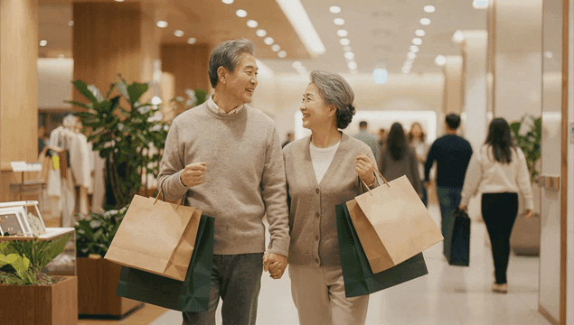 Friendly elderly couple holding hands while shopping at shopping mall.
