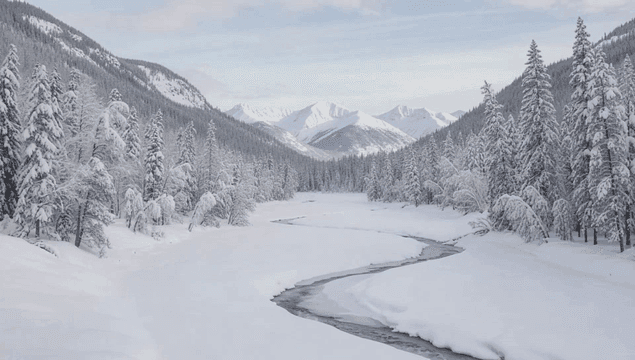 Snow-covered mountains and forest