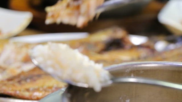 Grilled fish and rice on a spoon