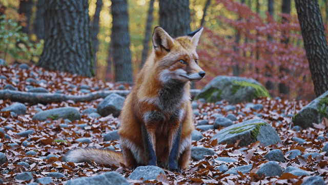 Fox sitting in forest amidst autumn leaves.