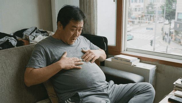 Overweight man sitting on sofa looking at his stomach