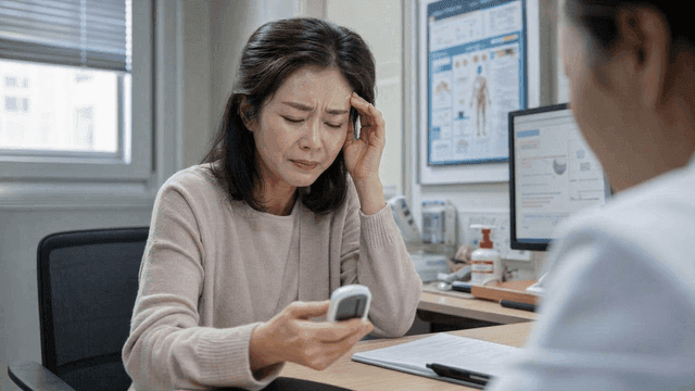 Worried woman checking her blood sugar monitor