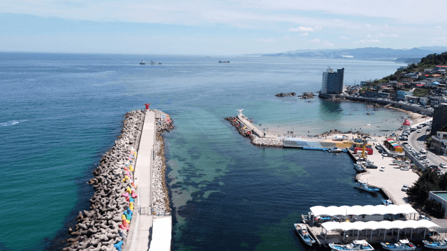 다채로운 테트라포드가 있는 해안 부두