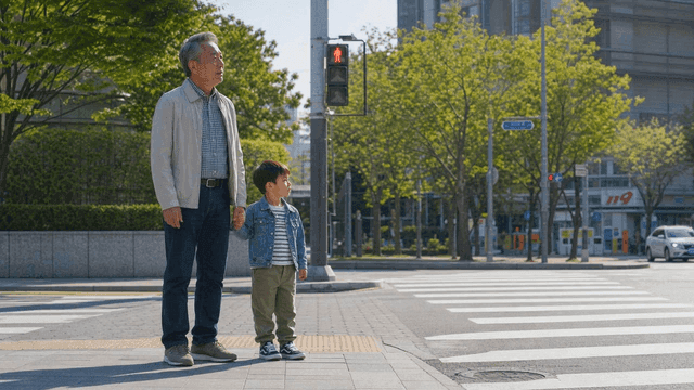 Grandfather and grandson waiting at a crosswalk