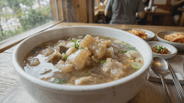 Steaming hot beef tendon soup with rice
