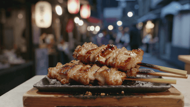 Grilled chicken skewers from street food stall