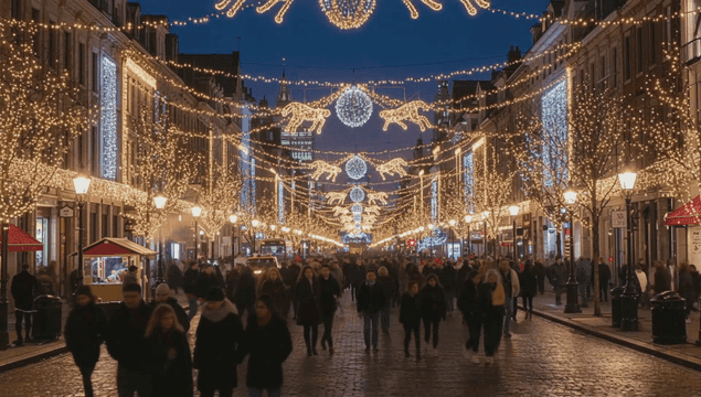 Busy winter street under festive christmas lights
