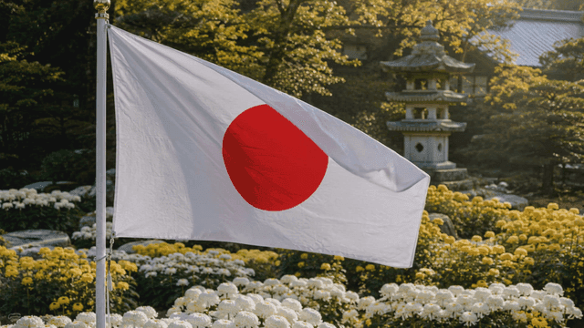 Japanese flag waving in a garden