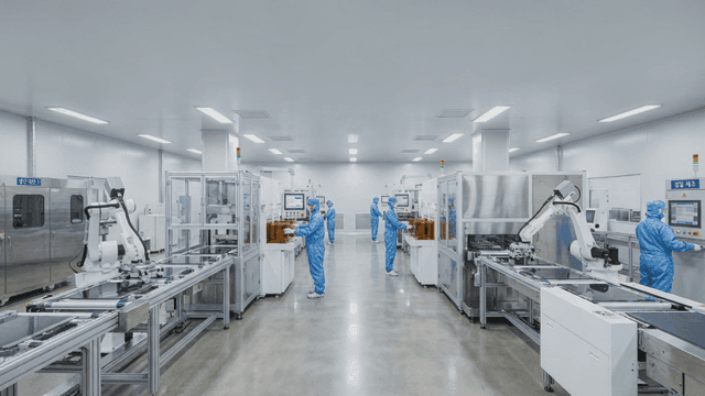 Workers in a high-tech cleanroom factory
