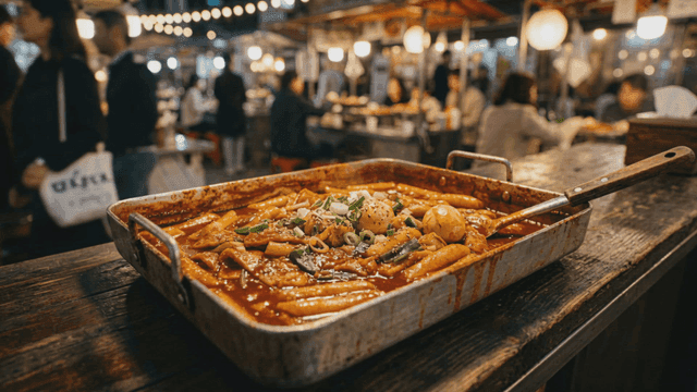 Bustling street market with tteokbokki.