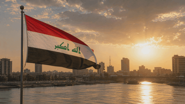 City skyline with Iraqi flag at sunset