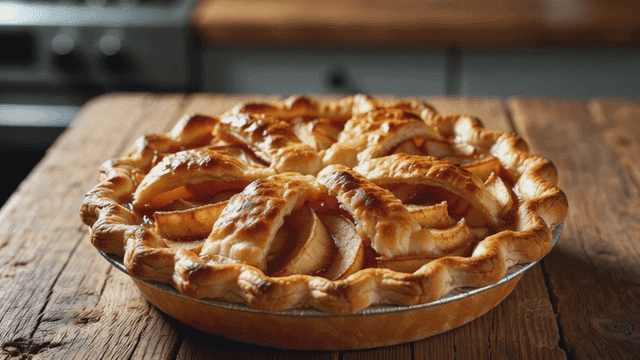 Freshly baked apple pie on a wooden table