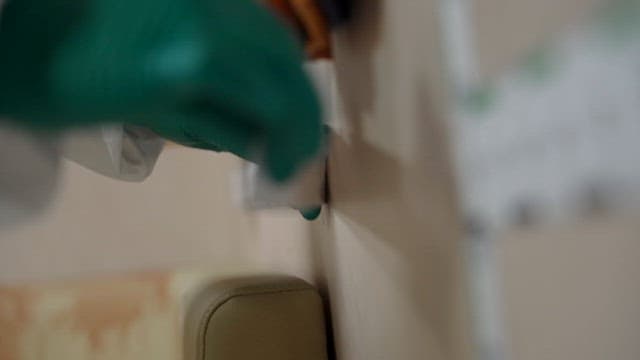 장갑을 낀 법의학자가 측정 테이프를 사용하는 모습