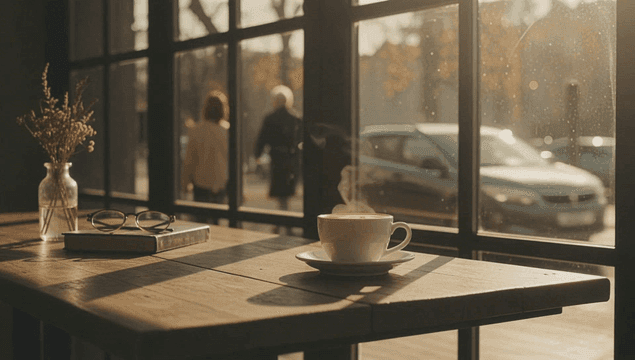 Cozy cafe table with a steaming cup of coffee