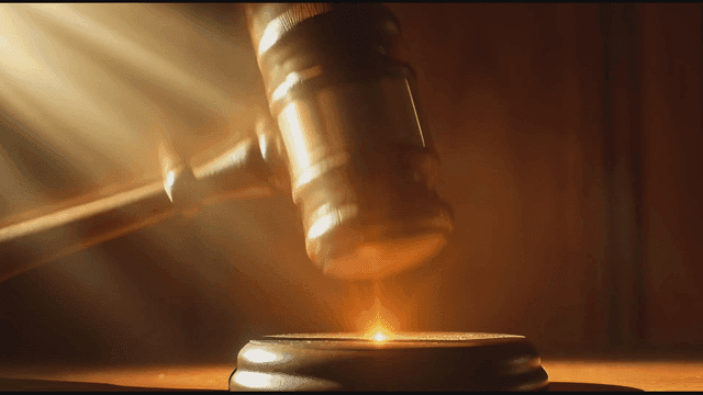 Shining judge's gavel in courtroom