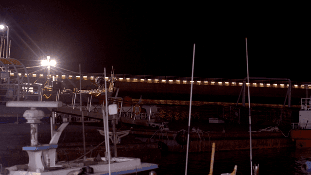Night view of a harbor with docked ships