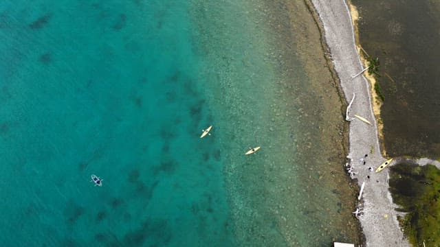 호숫가에서 카약을 타는 사람들