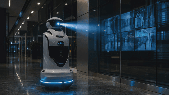 A robot patrolling a modern hallway