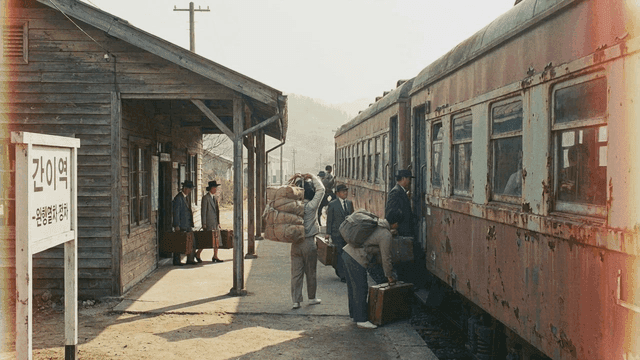 People from 70s boarding old train at small station