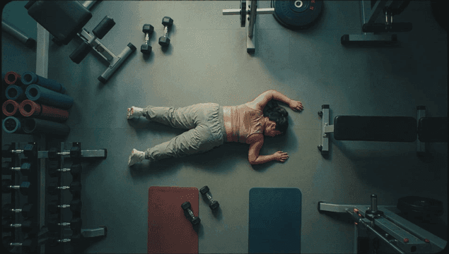 Woman lying on gym floor resting