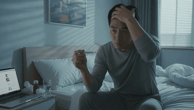 침실에서 체온을 확인하는 남자