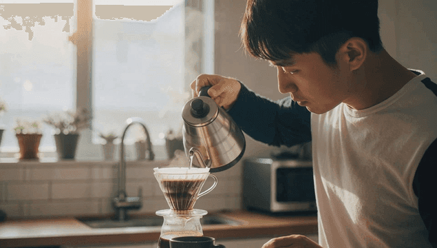 햇살이 비치는 주방에서 커피를 내리는 남자