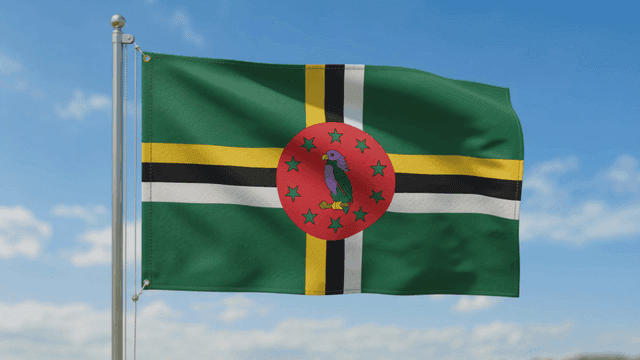 Flag of Commonwealth of Dominica fluttering under clear sky